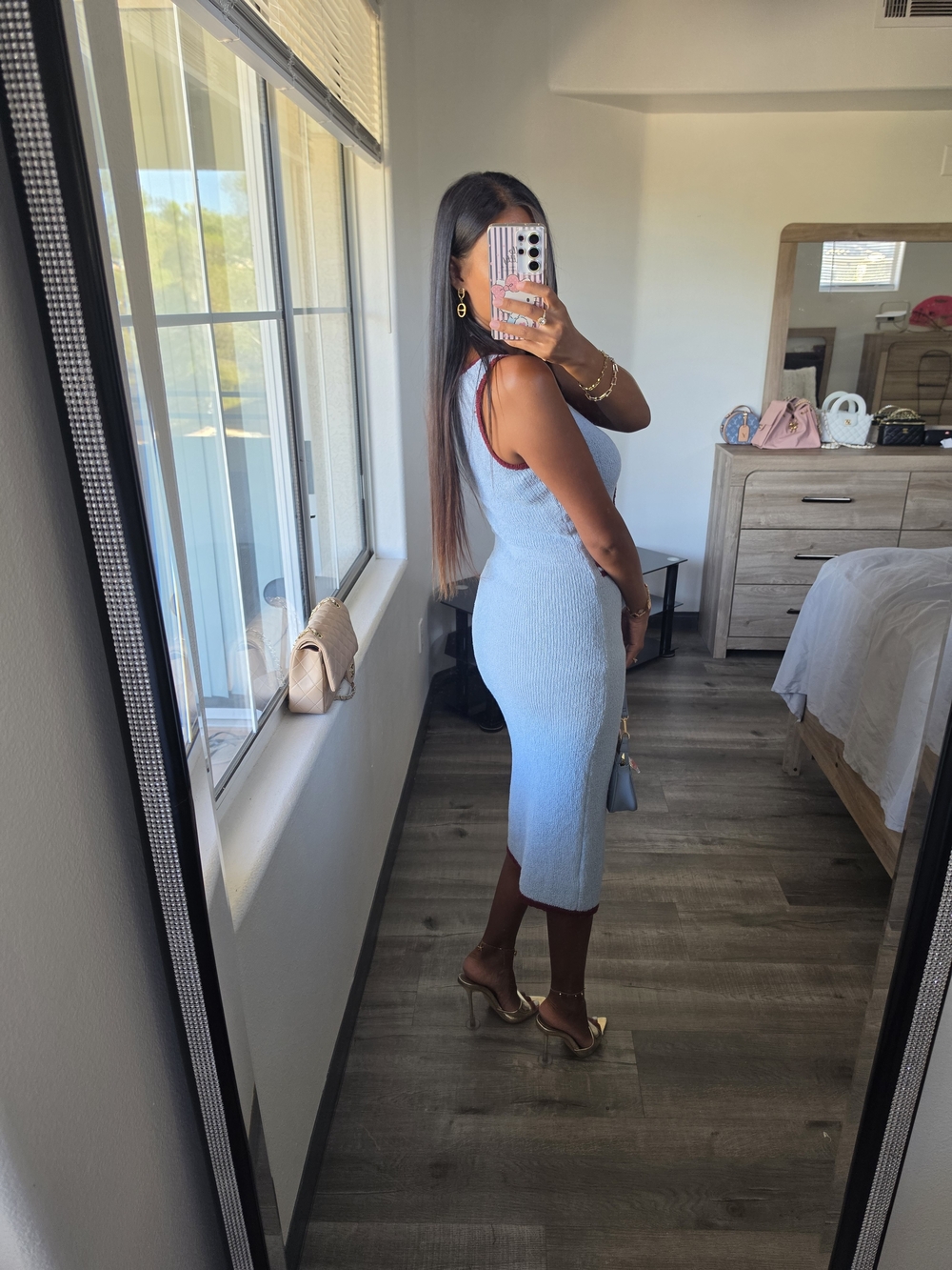 Light Blue Knit Midi Dress with Burgundy Trim Stretchy - Picture 16 of 17